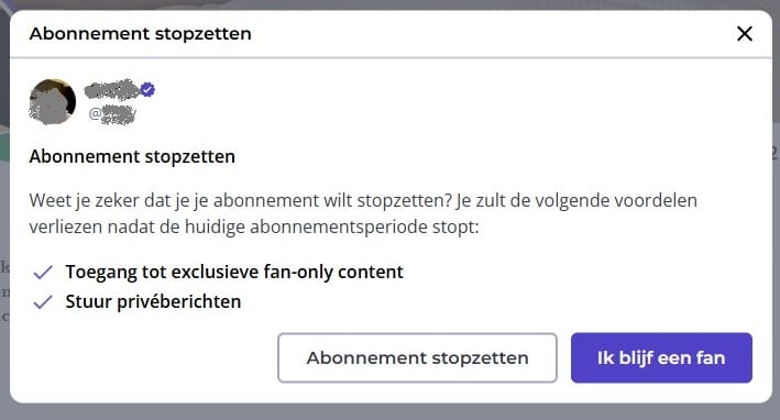 popup bij unfan en stopzetten abo op friends2follow