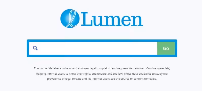 homepage en zoek van copyright schendingen site Lumen